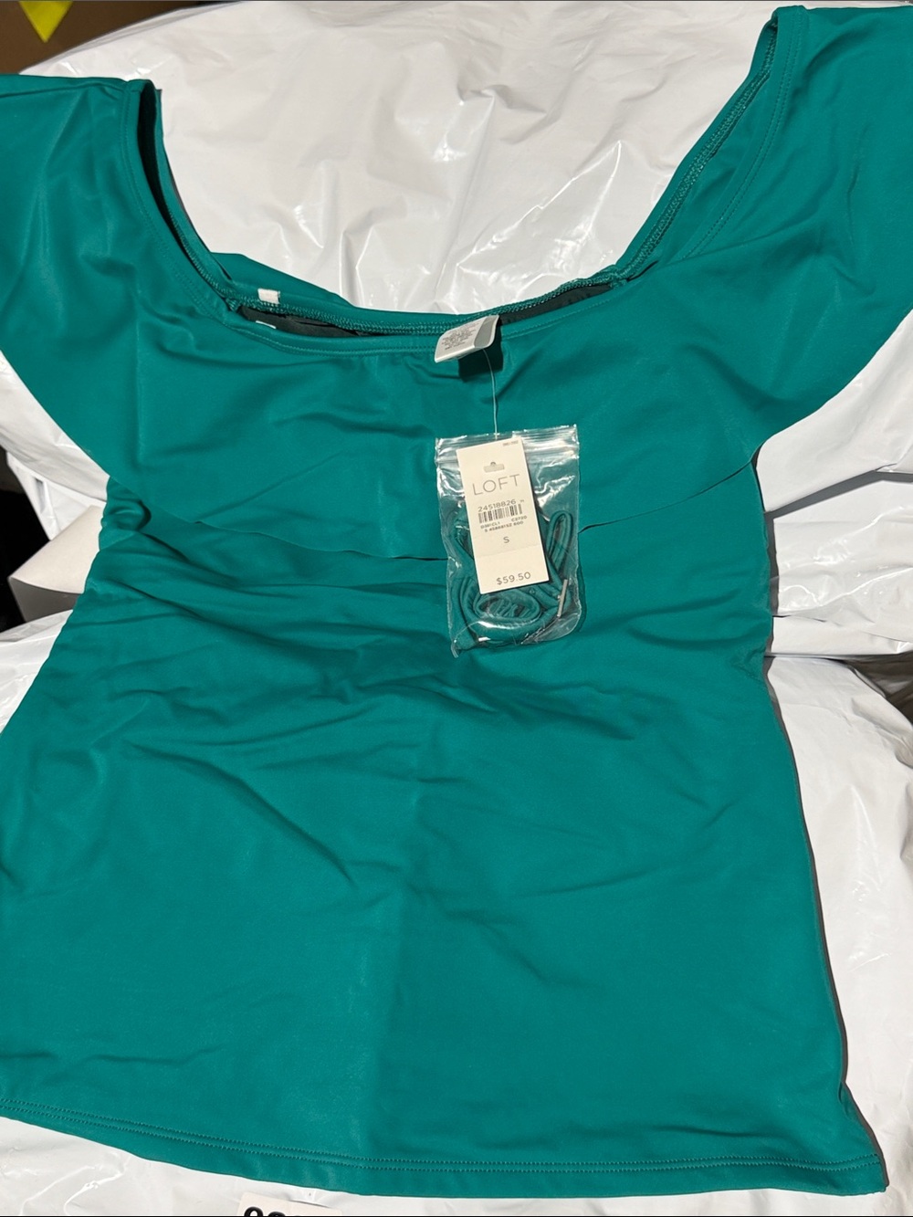 NWT LOFT BEACH off-the-shoulder aquamarine swim top ruffle small 8861